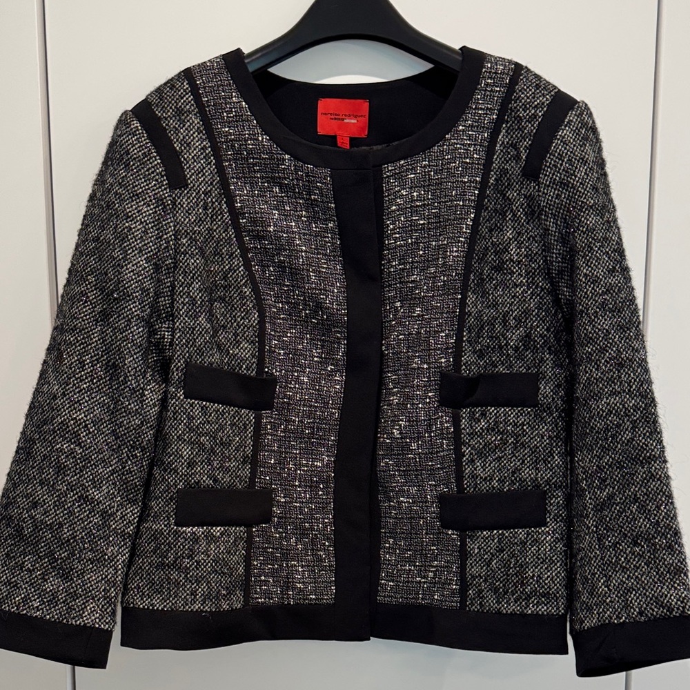 Narciso Rodriguez Black and Gray Textured Tweed Blazer 3/4 sleeves size Large